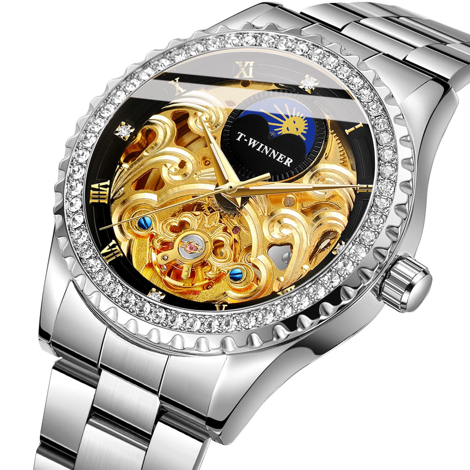 Forsining Orologio da polso automatico automatico a carica automatica della fase lunare con scheletro floreale numero romano diamante quadrante orologio da polso