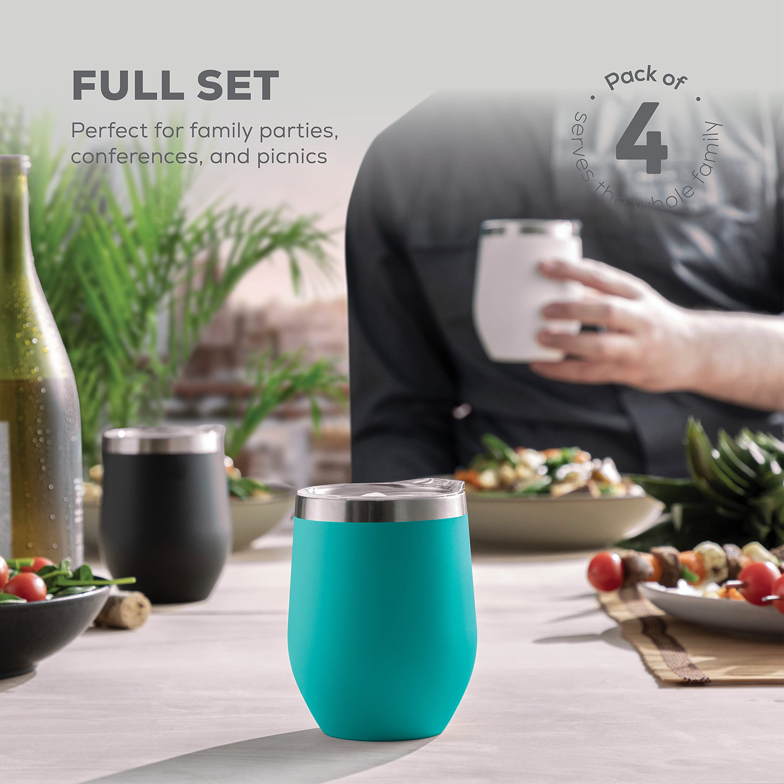 FineDine Lot de 4 verres à vin à triple isolation avec couvercle en acier inoxydable – Garde les boissons chaudes et froides pour l'extérieur, la plage, les pique-niques – Verres incassables avec