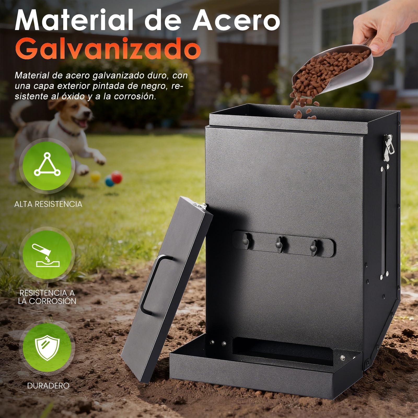 Distribuidor Automático de Comida para Perros de Acero Galvanizado Colgante, Distribuidor Automático para Mascotas por Gravedad Exterior, Gran Capacidad de 16 L, para Gatos, Perros y Conejo
