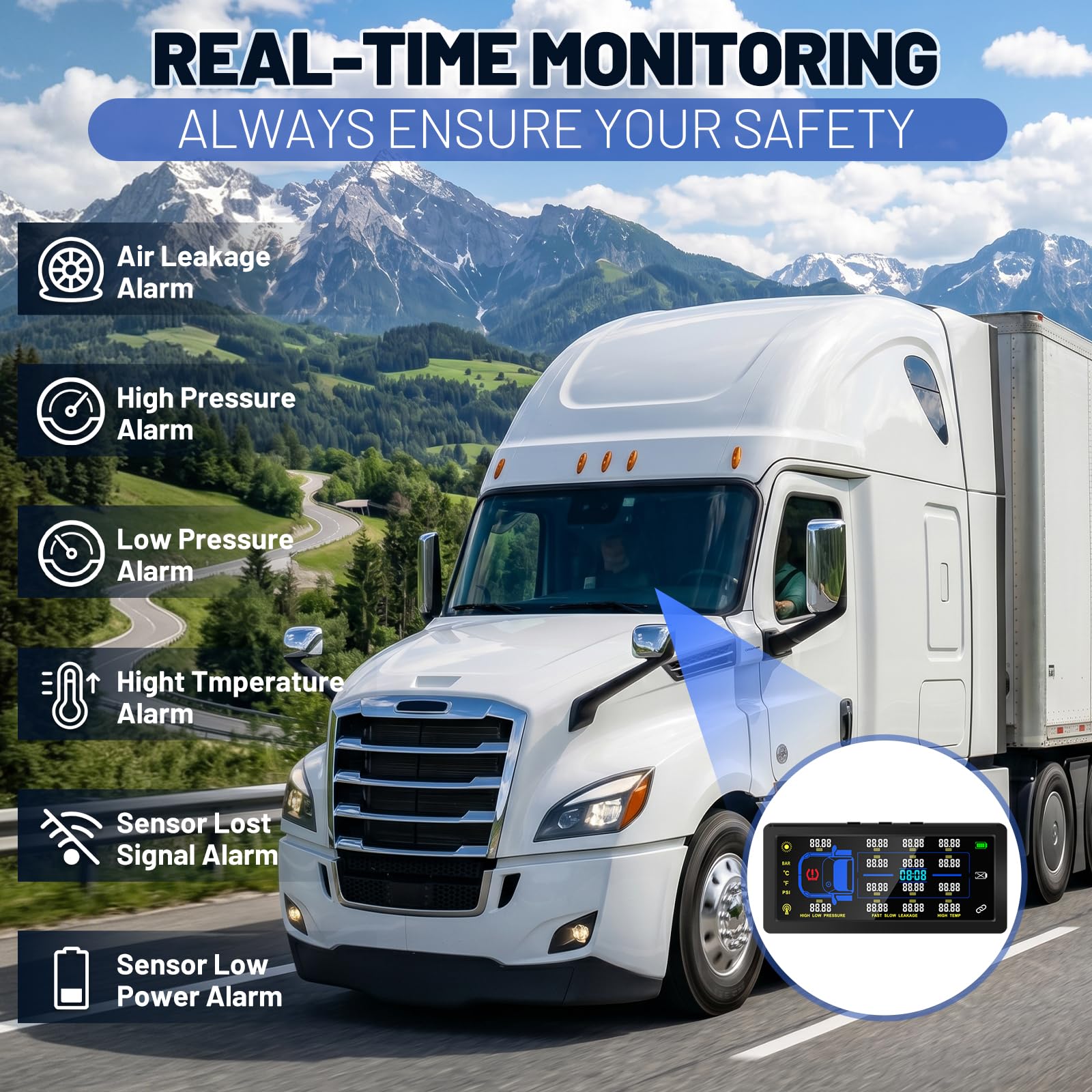 TPMS Reifendruckkontrollsystem mit 7 Zoll Farbdisplay, 10 Kupferkern-Sensoren& Repeater, Solar & USB Aufladung, einstellbar für 4/6/8/10 Räder, Echtzeit Reifendruck- und Tempera
