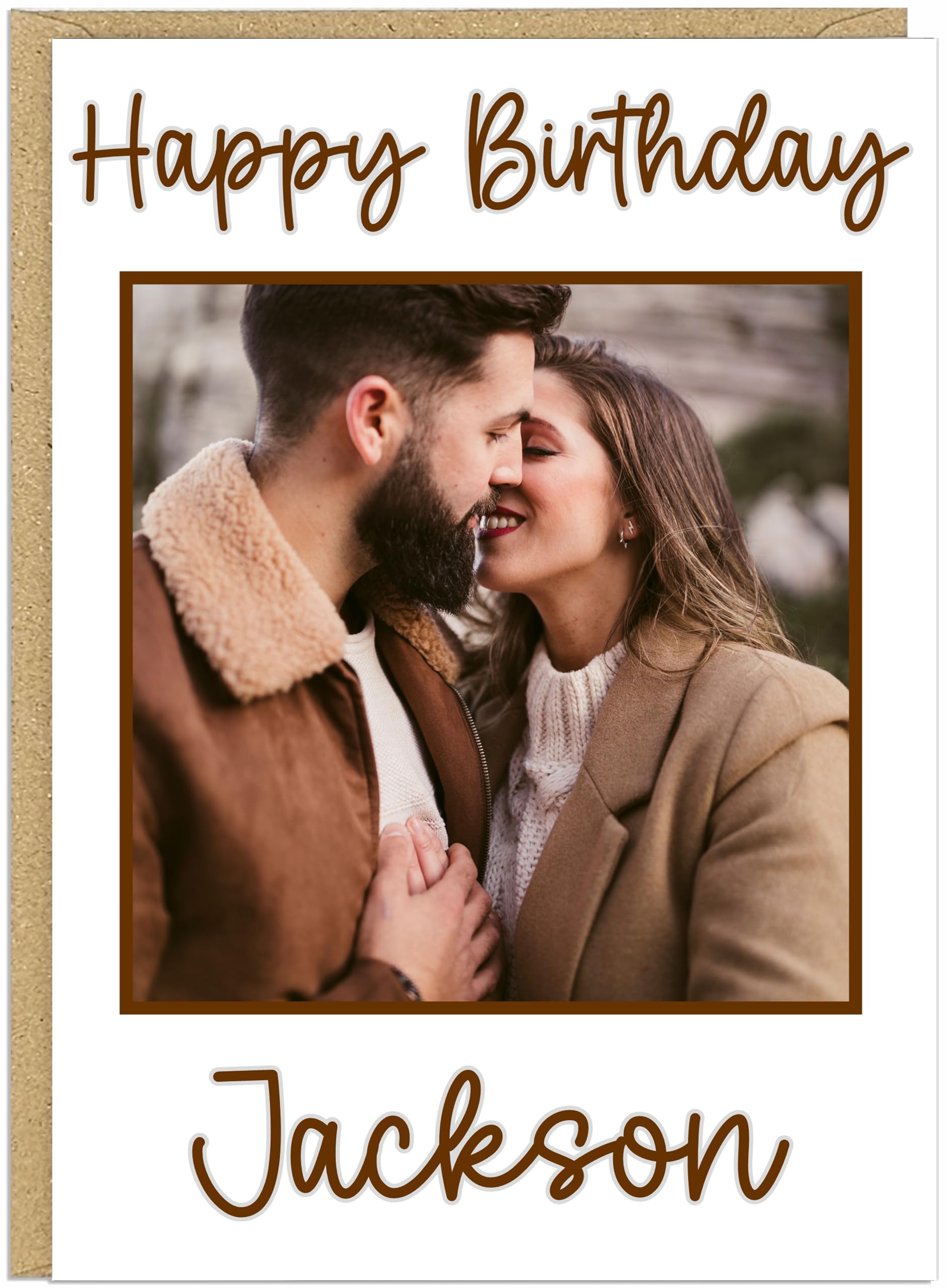 Custom Own Photo & Own Name Personalised Happy Birthday Card - Uncle Daddy Husband Grandad Son Designs - 7 Text Colour Options Brown Dark Grey Green Red Black Blue (Brown)