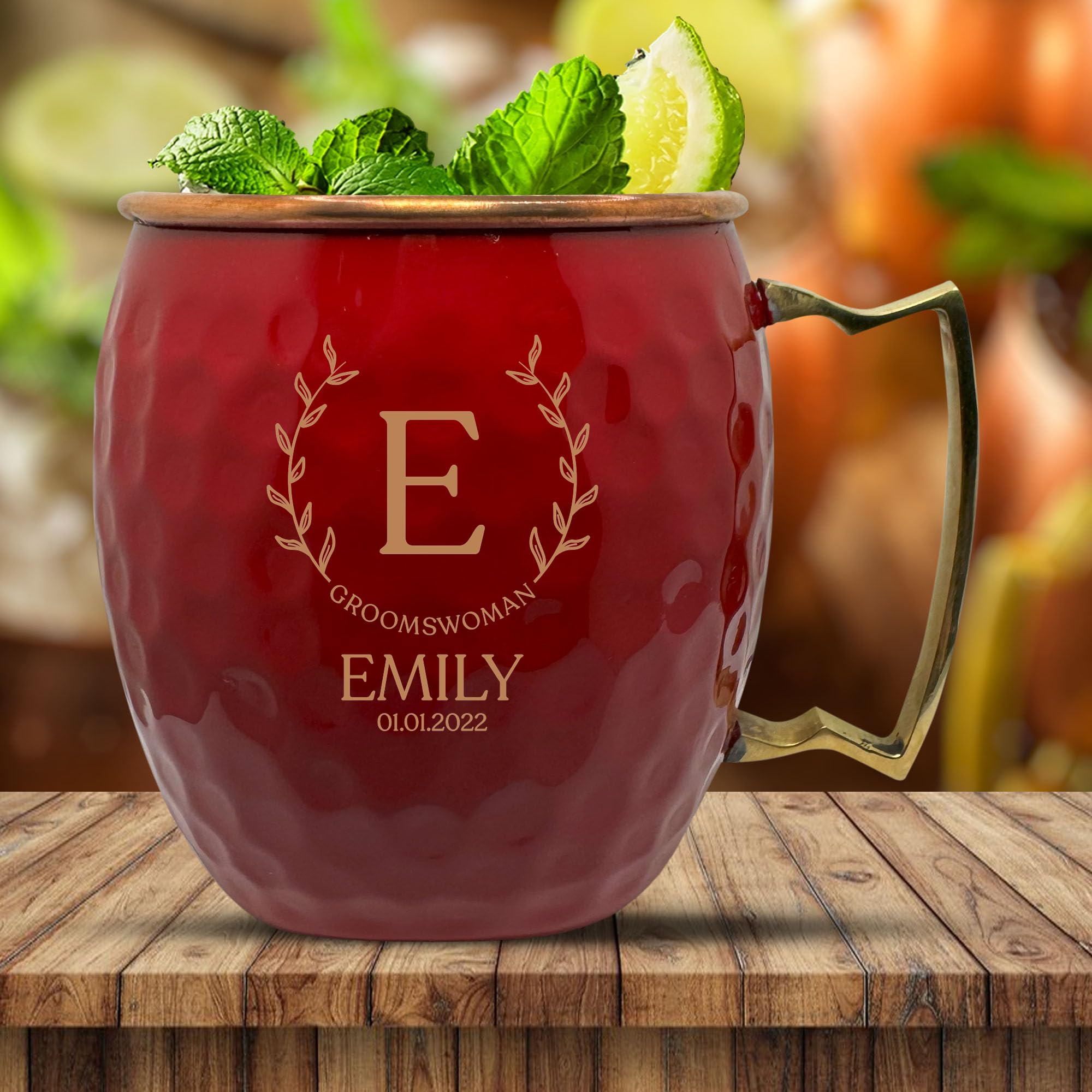 Custom 100% Copper Moscow Mule with Hammered Painted Finish - Engraved Bar Style Cup with Personalized Groomswomen Monogram Leaves Arch Themed Engraving, Brass Handle | 18 oz, Red | Set of 4