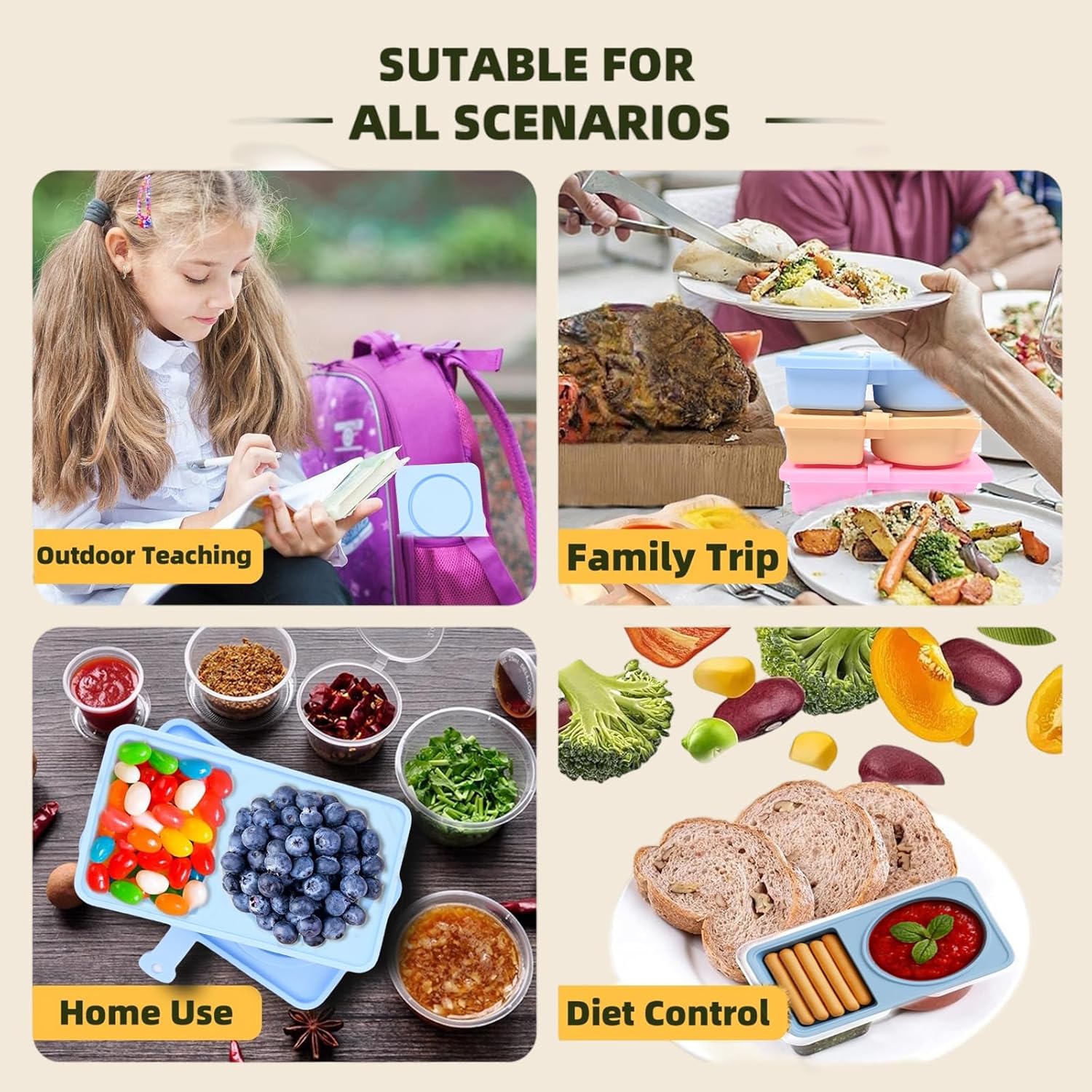 Reusable Silicone Snack Containers with Lid - 3 Pack Double Compartment Snack Containers with Lids, To Go Containers Two Section for Salad Used for Take-Out Travel - Image 7