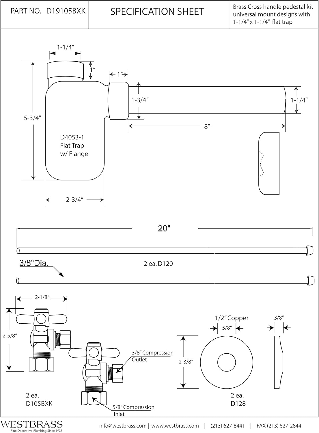 Westbrass 1/2" Nominal Compression Cross Handle Angle Stop Complete Pedestal Sink Installation Kit with 1-1/4" Euro Flat Trap, Satin Nickel, D19105BXK-07