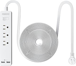 Long Extension Cord 15 ft, NTONPOWER Wall Mount Power Strip Flat Plug with 3 Outlets 2 USB, Ultra Thin Flat Extension Cord Under Carpet, Rug, Door, Overload Protection for Home Office Indoor, White