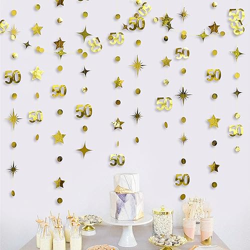 Miniatura 6 de Decoraciones doradas de cumpleaños número 50, guirnalda de estrellas centelleantes con el número 50, guirnalda metálica para colgar en banderines