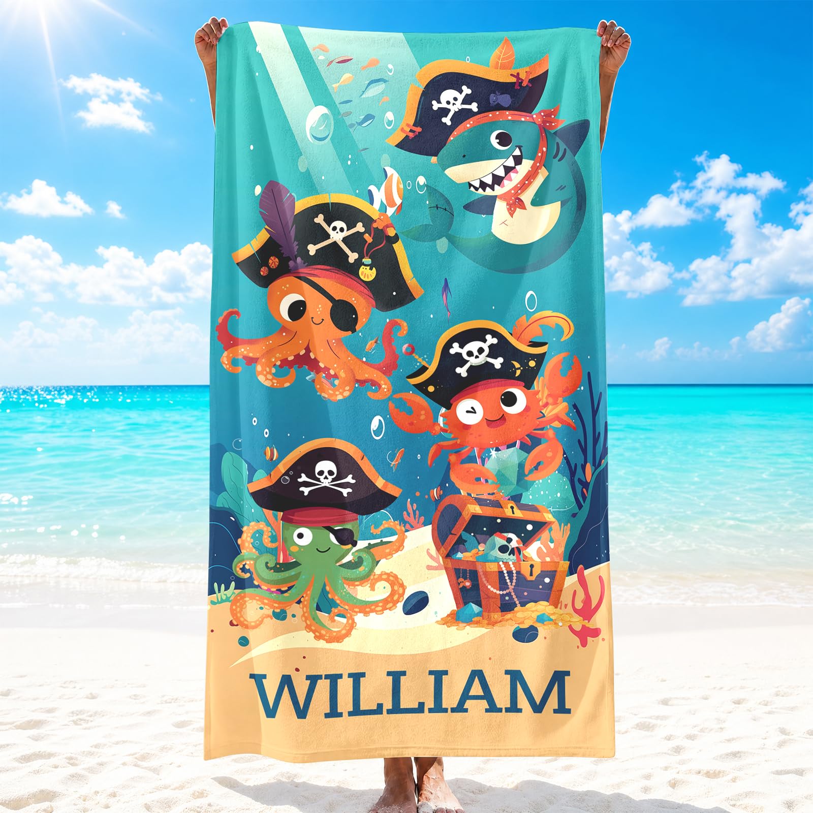 Loosusu Personalised Beach Towels for Kids - Custom Beach Towels with Monogram & Name- Ultra Absorbent Super Soft Swimming Towels for Kids,Customised Bath/Pool/Beach Towel for Boys Girls(Octopus) — image 1