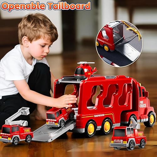Miniatura 2 de Camión de bomberos de juguete para niños pequeños de 1-3, 3-5, 5 en 1, juego de vehículos portadores de automóviles de bomberos para niñas de 1, 2,