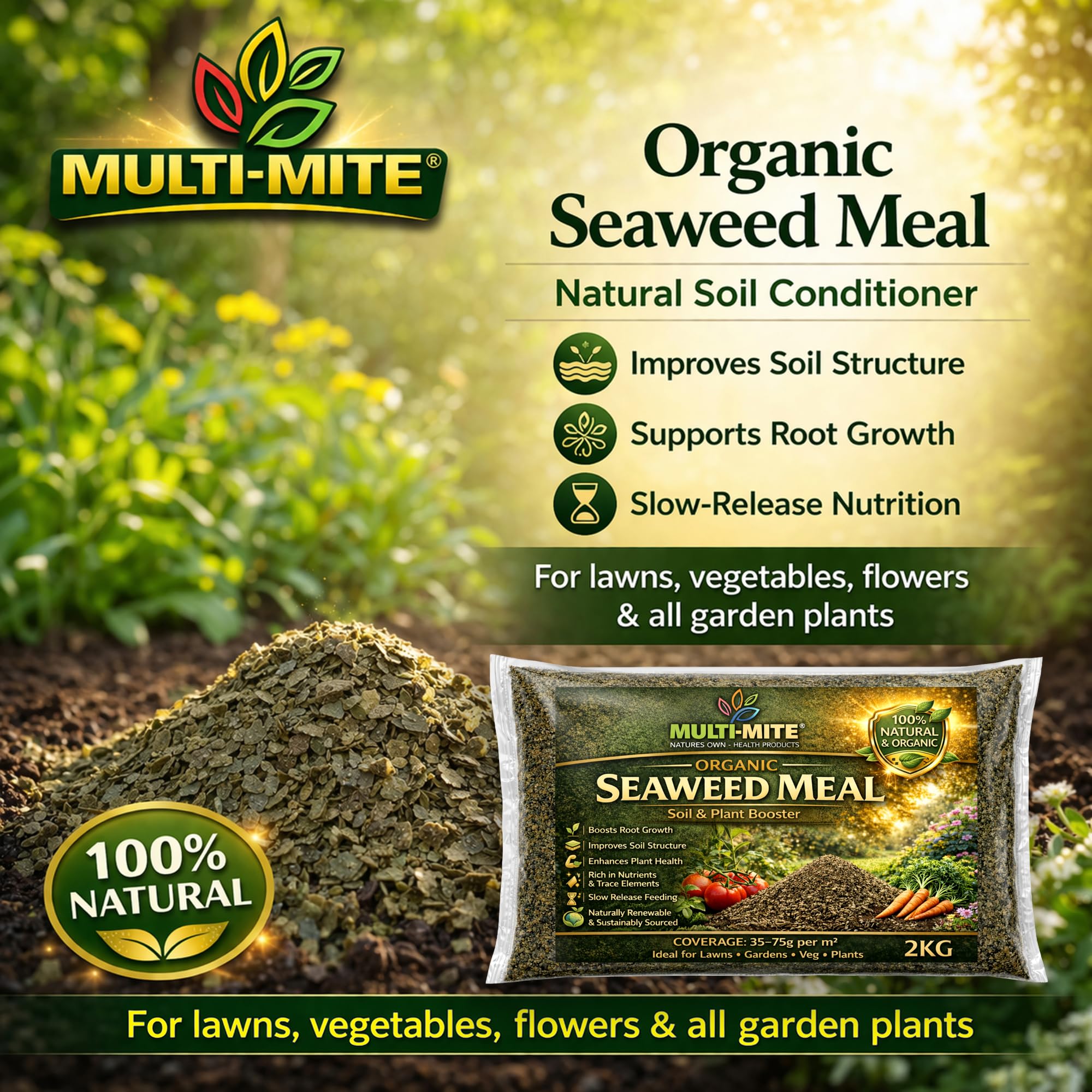 Multi-Mite 2KG Organic Seaweed Meal Fertiliser, Natural Plant Food & Soil Conditioner for Lawns Gardens & Vegetables - Image 2