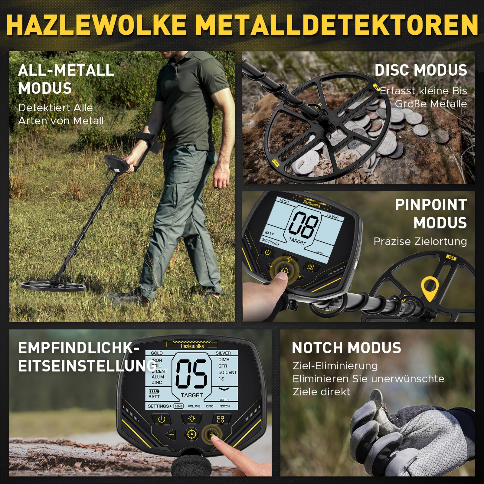 Hazlewolke Metalldetektor Mit 14'' Großer Wasserdichter Doppel-D-Suchspule, 4 Modi, Hohe Empfindlichkeit und Lokalisierung, Metalldetektor für Erwachsene Mit Beleuchtetem LCD-Display - DD90