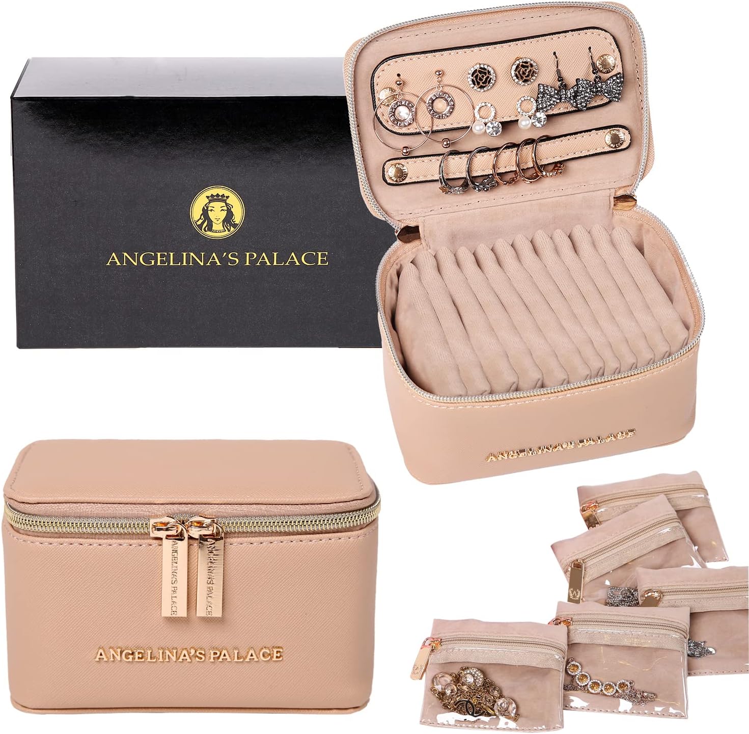 Angelina's Palace Jewelry Organizer Case Bridesmaid Gifts Travel Bag Vegan Leather Box for Necklace Earring Bracelet Ring(light fawn)