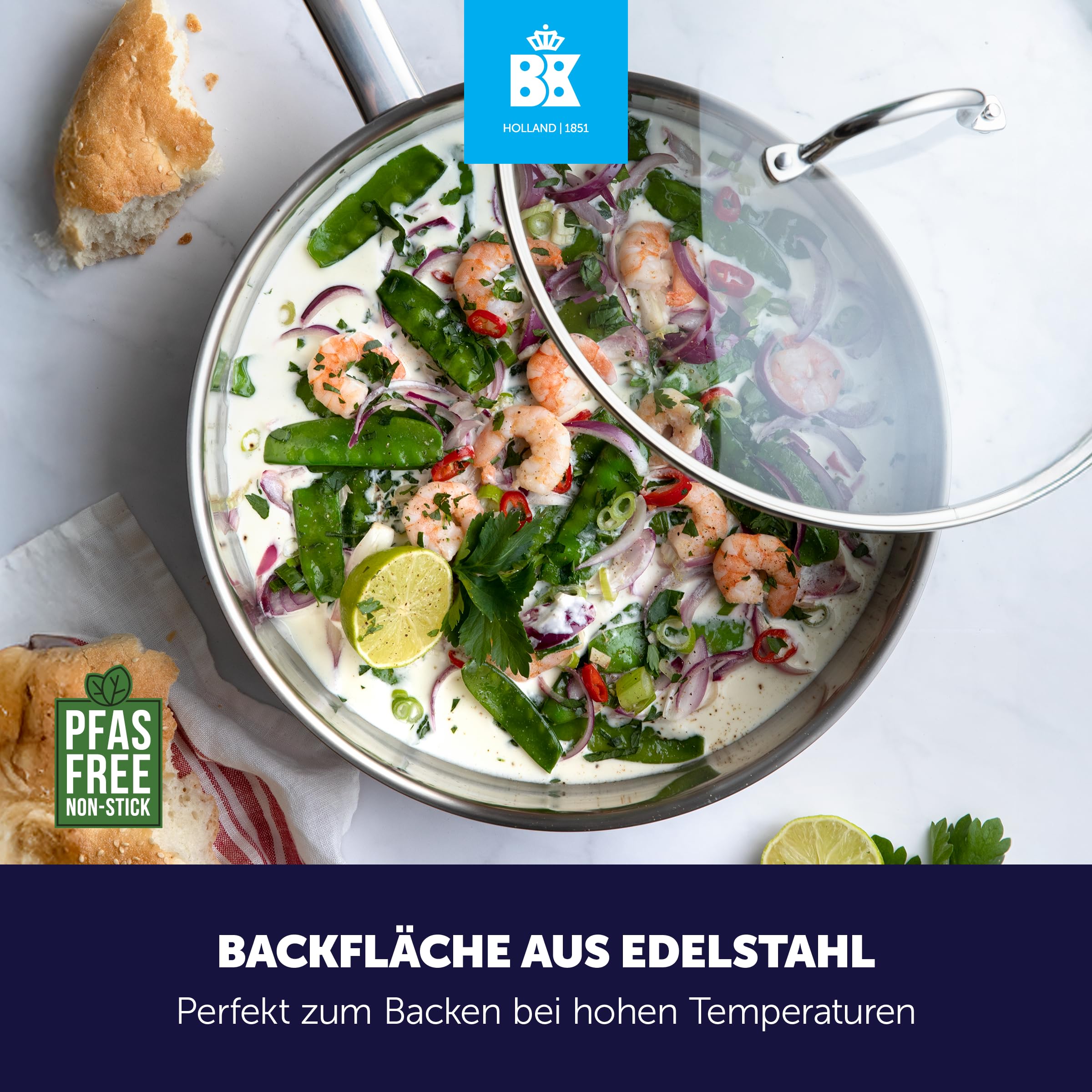 BK Bright 18/10 Edelstahl Schmorpfanne Ø 28 cm Mit Deckel,Hoher Rand, Professionelles Kochen, Unbeschichtet, 3-Ply,Kaltgriff,Induktion,Edelstahl Poliert,Backofenfest Bis 230°C,Spülmaschinenfest,Silber