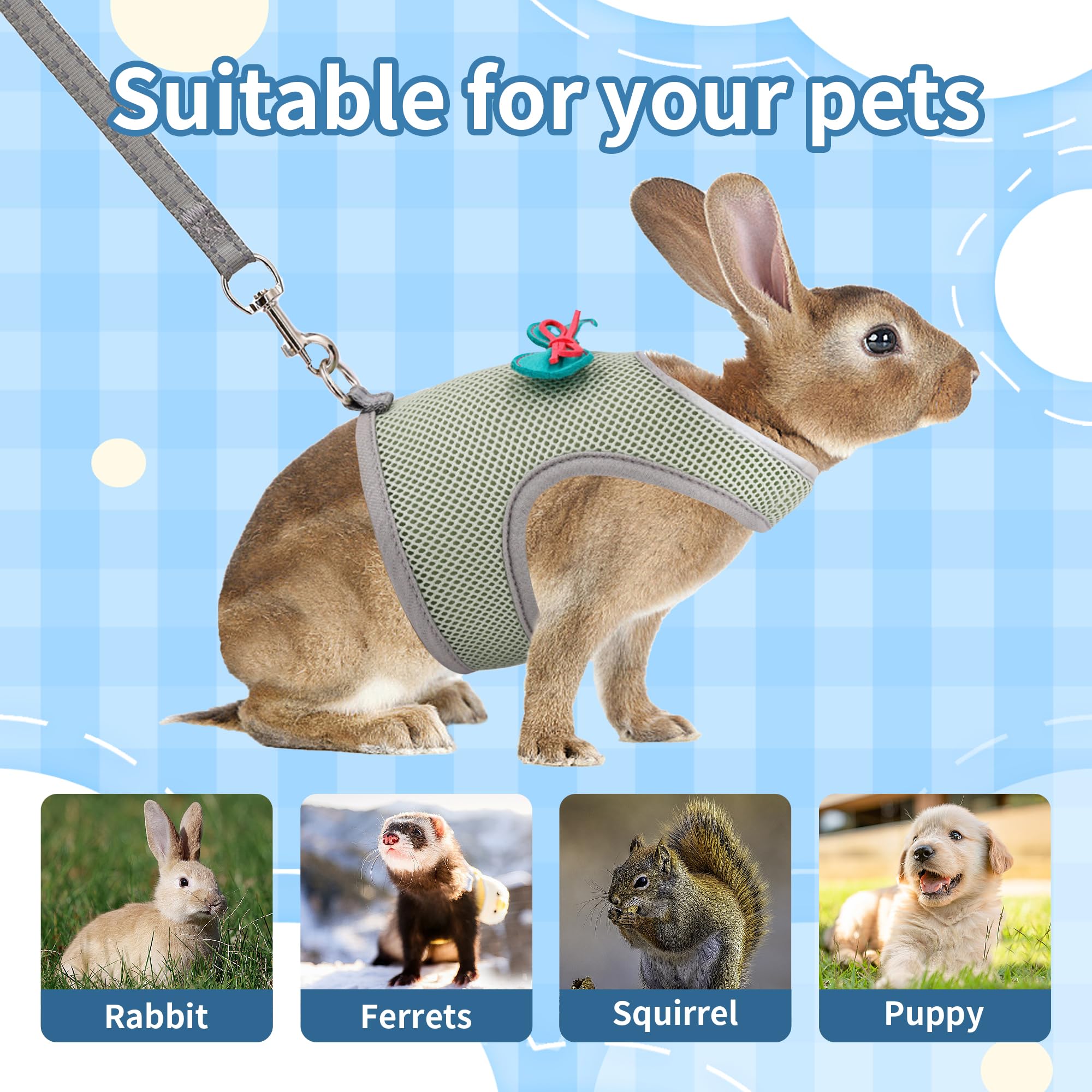 AIITLE Ensemble harnais et laisse pour lapin avec nœud mignon, harnais réglable anti-fugue pour lapins, chatons, furets, chiots et petits animaux de compagnie, pour promenade, randonnée, camping,