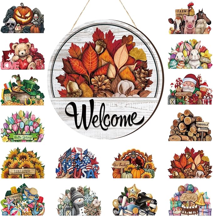 Yousoontic 17 Pcs 12 Inch Magnetic Welcome Door Sign Interchangeable Front Door Decor Rustic Fall Seasonal Hanging Sign Halloween Christmas Decor for Home Warming Gift(Classic Color,Welcome)