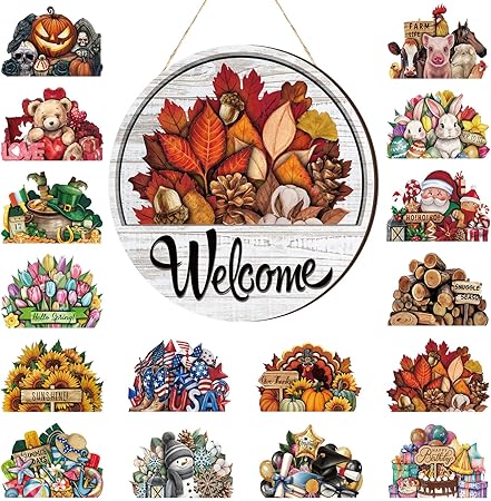 Yousoontic 17 Pcs 12 Inch Magnetic Welcome Door Sign Interchangeable Front Door Decor Rustic Fall Seasonal Hanging Sign Halloween Christmas Decor for Home Warming Gift(Classic Color,Welcome)