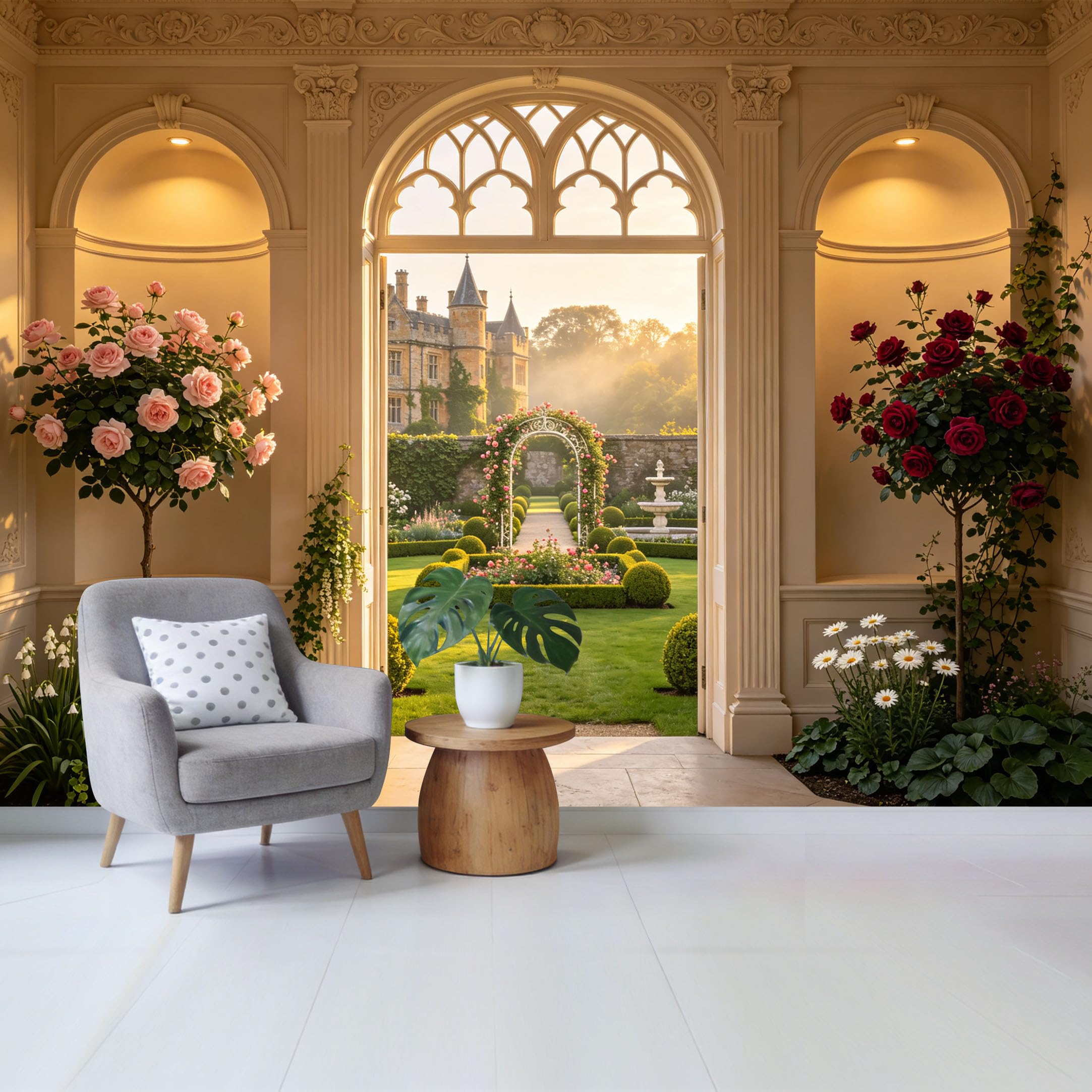 Custom Size Wall Mural Romantic English Garden Archway with Roses and Castle View Landscape Removable Self Adhesive Fabric Home Wall Decor for Living Room Bedroom Bathroom