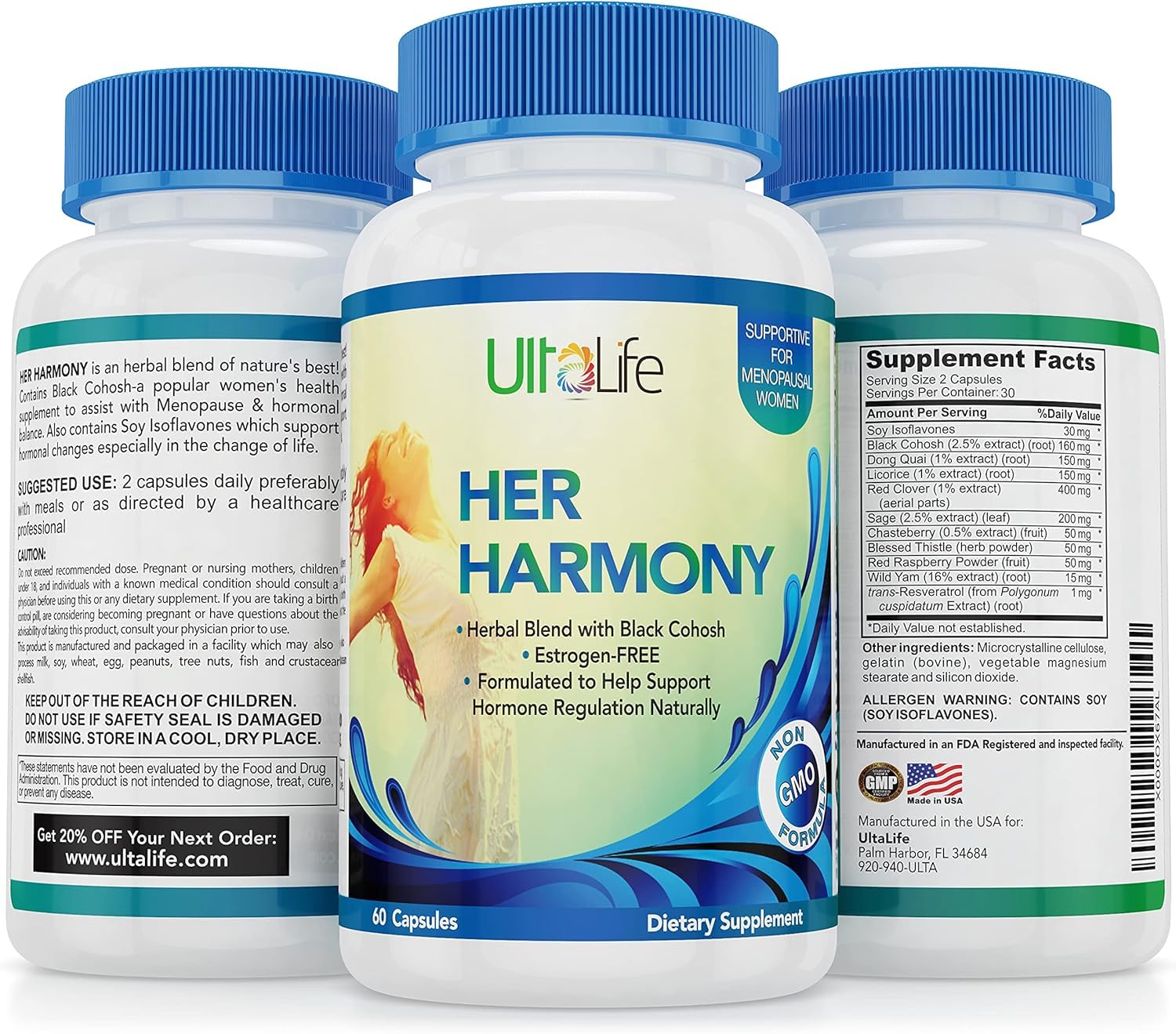 UltaLife Her Harmony Menopause Supplements for Women - Hot Flashes Menopause Relief & Hormone Balance for Women - Contains Black Cohosh, Dong Quai, Red Clover & More - Estrogen Free - 120 Capsules