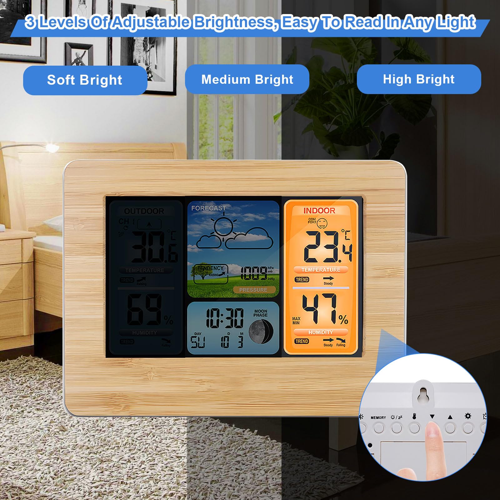Stazione Meteorologica Con Sensore Wireless Esterno, Stazione Meteorologica Digitale per La Casa- Stazioni Meteorologiche Digitali Lcd Con Allarme E Temperatura/Umidità//Fase Lunare/Sveglia/Data Ora