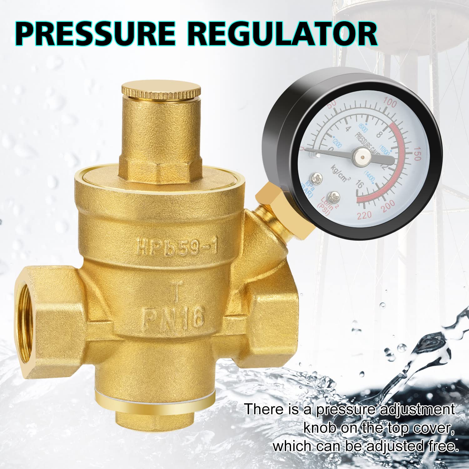 Régulateur de pression 1/2 pouce eau DN15 avec manomètre et 2 outils de réglage, régulateur de pression en laiton 16 MPa