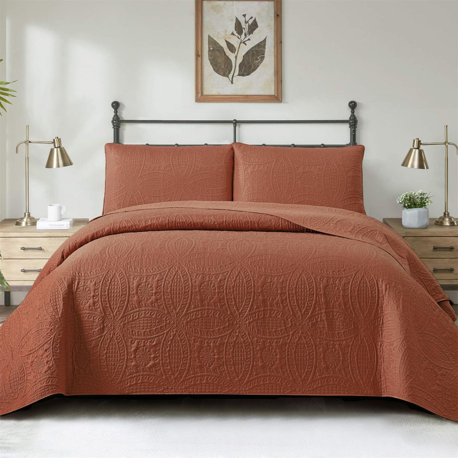 BQUJSML 3-Piece Bedspreads Quilted Double Bed Throws Reversible Embroidered Cotton Coverlet Lightweight Bed Cover Solid Color King Size Bedspread Quilt with 2 Pillowcase(Brown,180 * 220cm)