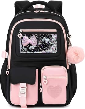 Girls Backpack,Kids Backpack for Girls, Cute Bow School Backpack for Students Book Bag with Multiple Pockets for Ages 6-14 Black-pink