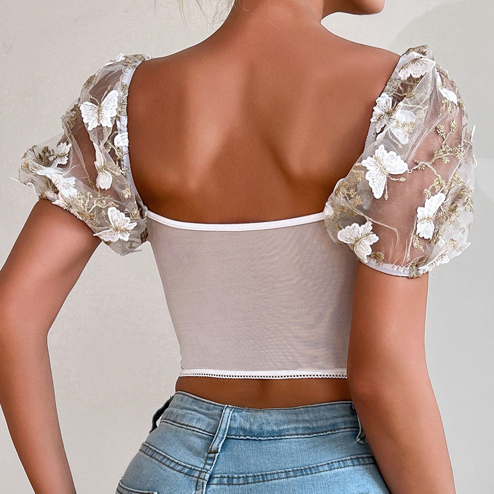 Camicetta Dirndl da donna, trasparente, bianca, elegante, con inserto in pizzo, corsetto elegante, maniche svasate, top corto avvolgente con camicetta in pizzo per lingerie