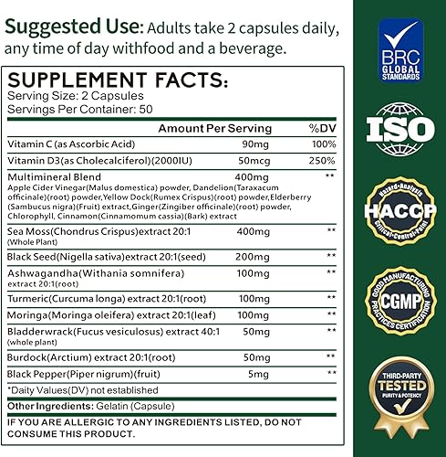 Miniatura 3 de Cápsulas de musgo marino con vejiga y bardana, suministro para 50 días, potente fórmula con aceite de semilla negra, Ashwagandha, cúrcuma, vitamina