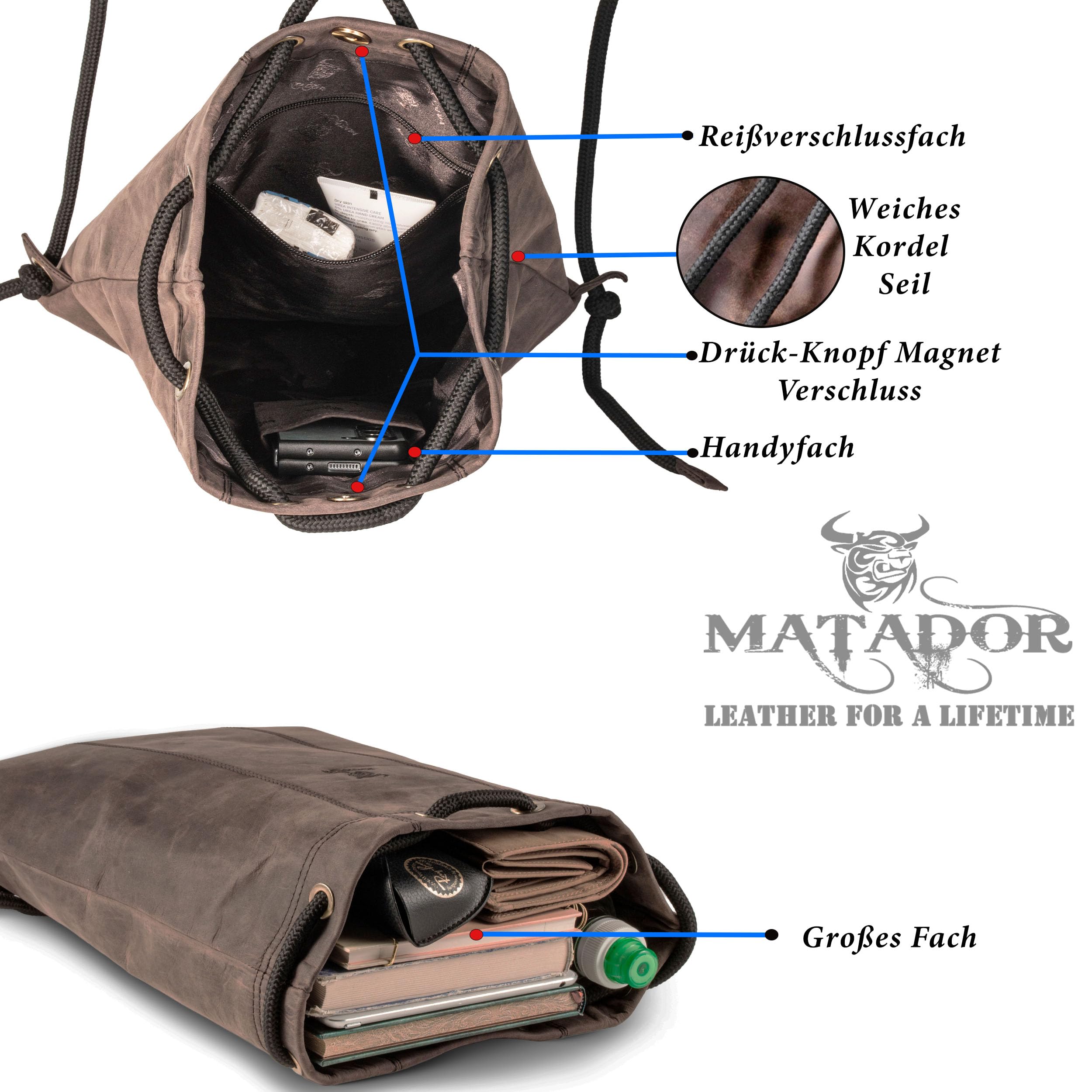 MATADOR Gymbag torba sportowa dla kobiet, skórzana, męska, plecak, torba gimnastyczna, skórzany plecak, antyczny brąz