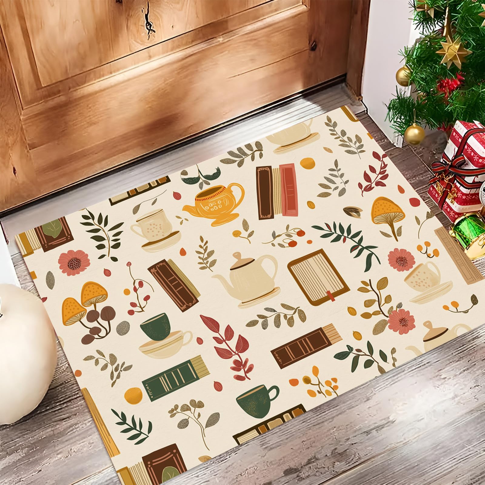 Paillasson antidérapant mignon beige 50x80cm à motif tasse de thé et feuilles