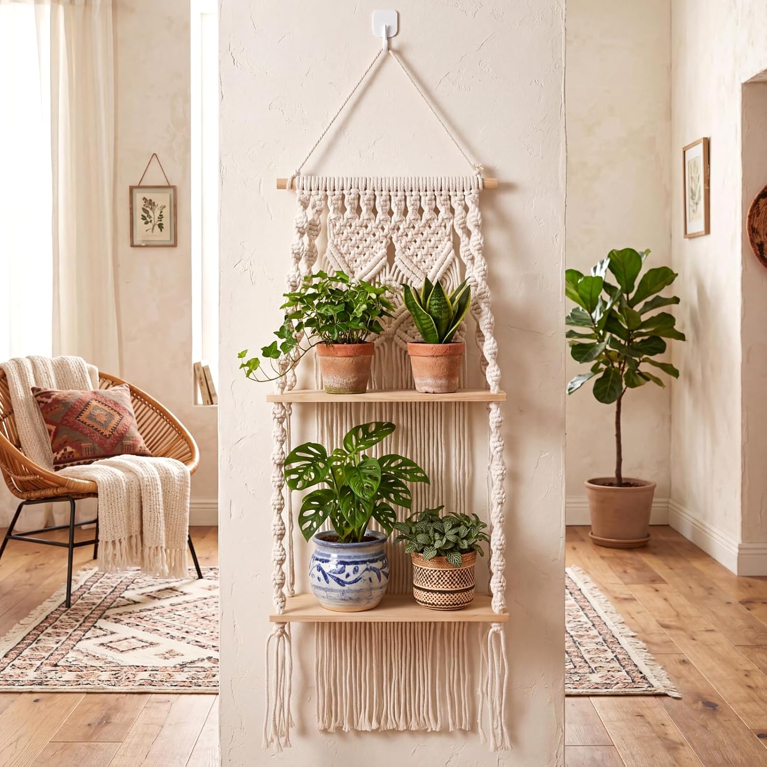 Barydat 1 Pack Macrame Wall Hanging Shelf 2 Tier Handmade Boho Hanging Wall Shelf Floating Woven Rope Decorative Storage Racks Holder Organizer for Home Bedroom Bathroom Plants, Beige (Elegant)