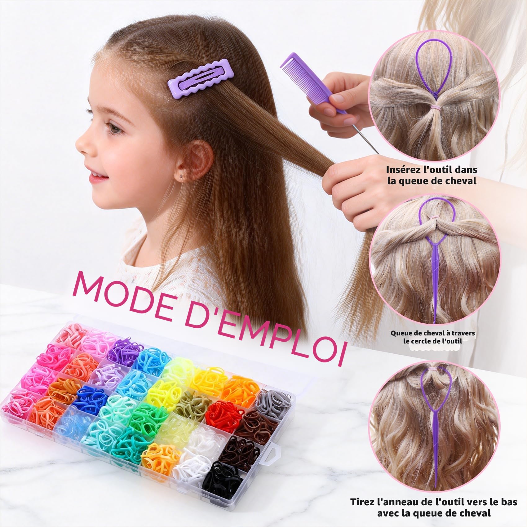 Mini élastiques pour cheveux en 32 couleurs – Set avec 16 outils pour le coiffage, 2000 mini élastiques, coupeur et accessoires de Noël pour filles