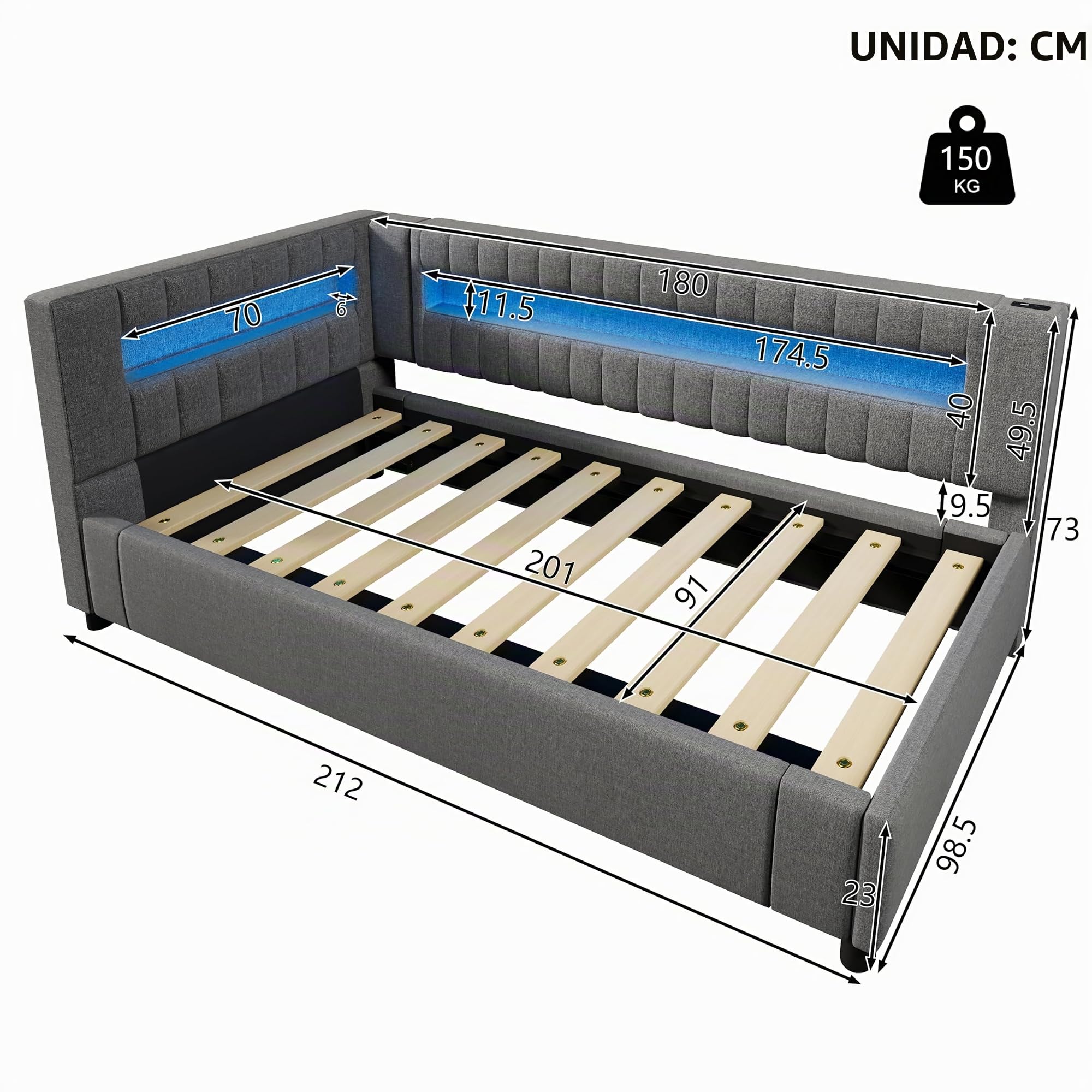 Sofá Cama Individual 90x200 cm, Gris, con Somier, Espacio de Almacenaje Hidráulico, Iluminación LED y App, Puerto USB + Tipo-C, Tejido de Lino, para Niños y Adultos, Sin Colchón