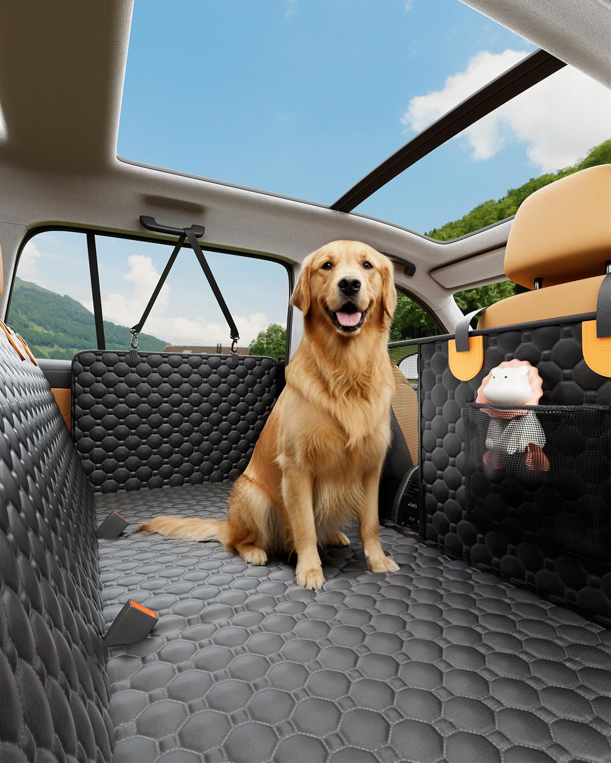 Dog Car Seat Cover for Back Seat, Hard Bottom Back Seat Extender for Dogs, Waterproof Dog Hammock for Truck Support to 400lbs, Car Seat Protector for Cars, Trucks, SUV, Jeep Universal-Oxford-Orange