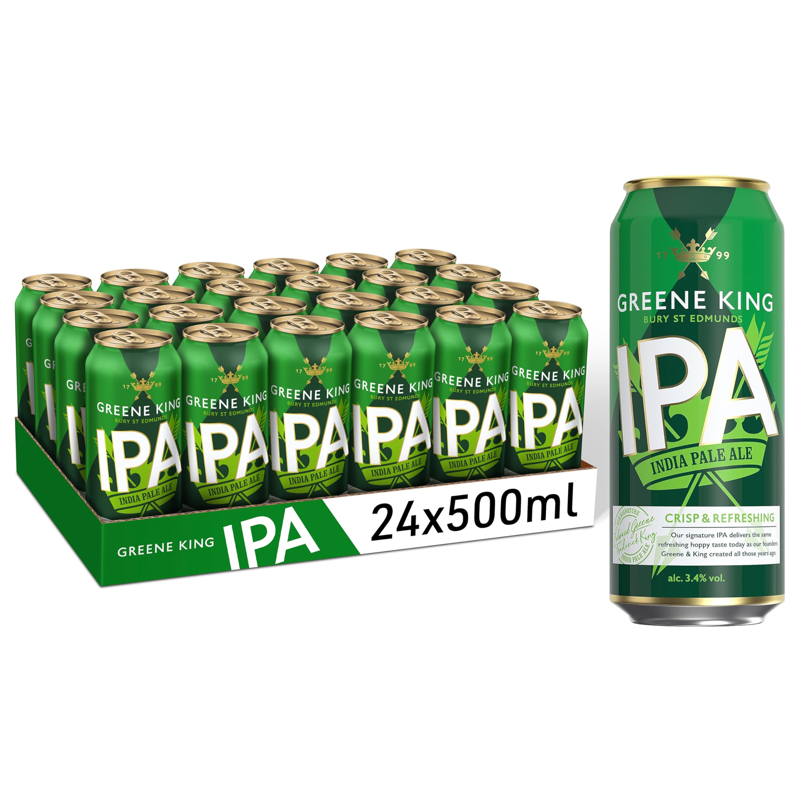 Greene King IPA Beer 24 x 500ml Cans – Traditional British Pale Ale with Fresh Herbal Hops, Caramel and Toffee Notes, Smooth Balanced Session Beer at 3.4% ABV