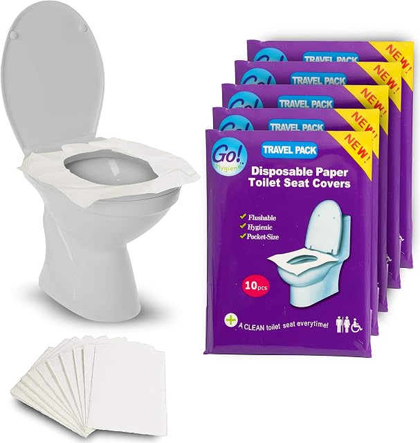 GoHygiene Flushable Paper Toilet Seat Covers, 5 Travel Packs (50 Covers), Each Pack contains 10 Paper Seat Covers, Hygienic, Disposable, Pocket Size, Use in Public Toilets