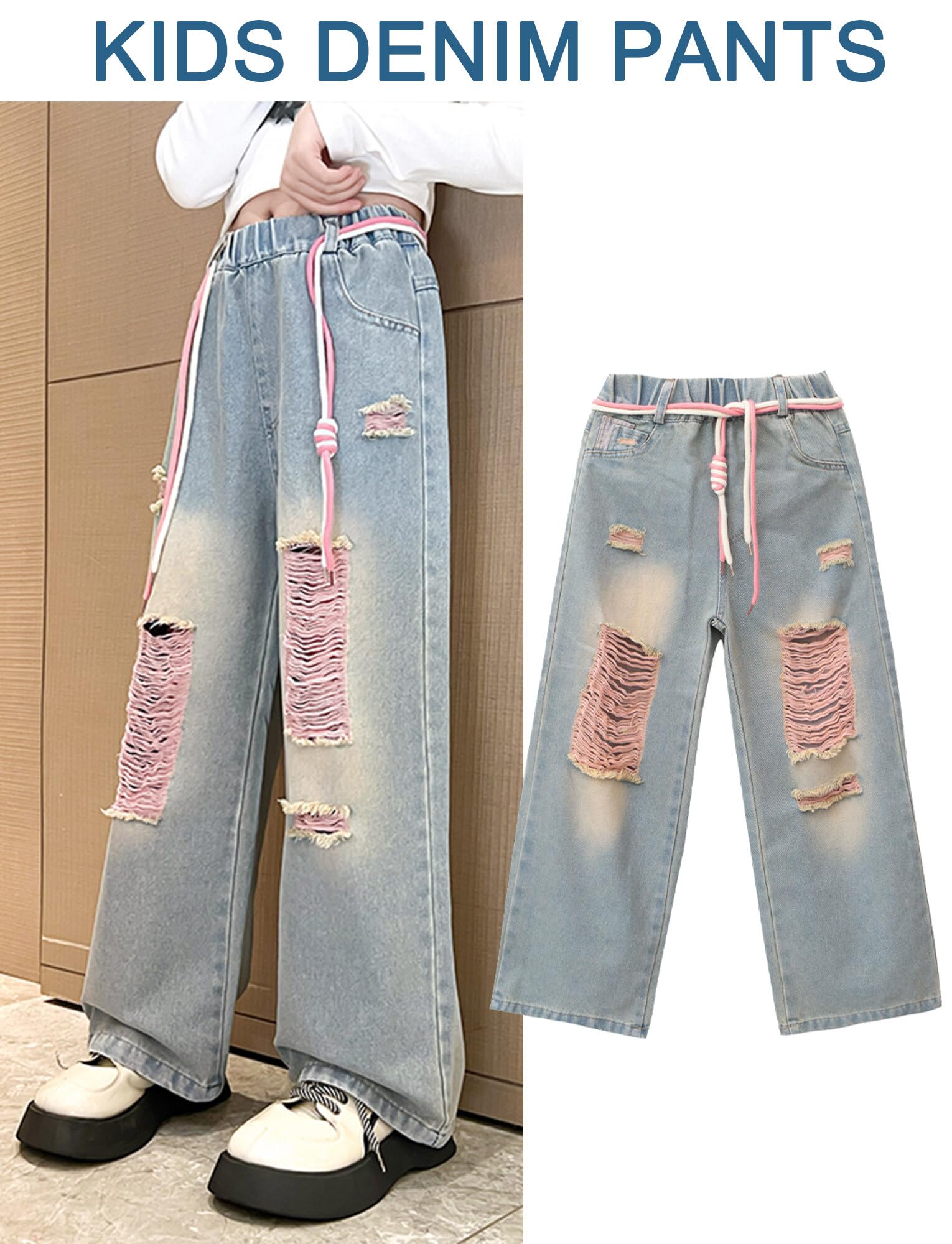 Happy Cherry Jeans Bambina Pantaloni Denim Blu Dritto Fori Vintage per Bambini Pantaloni Cargo Ragazze 5-14 Anni Streetwear