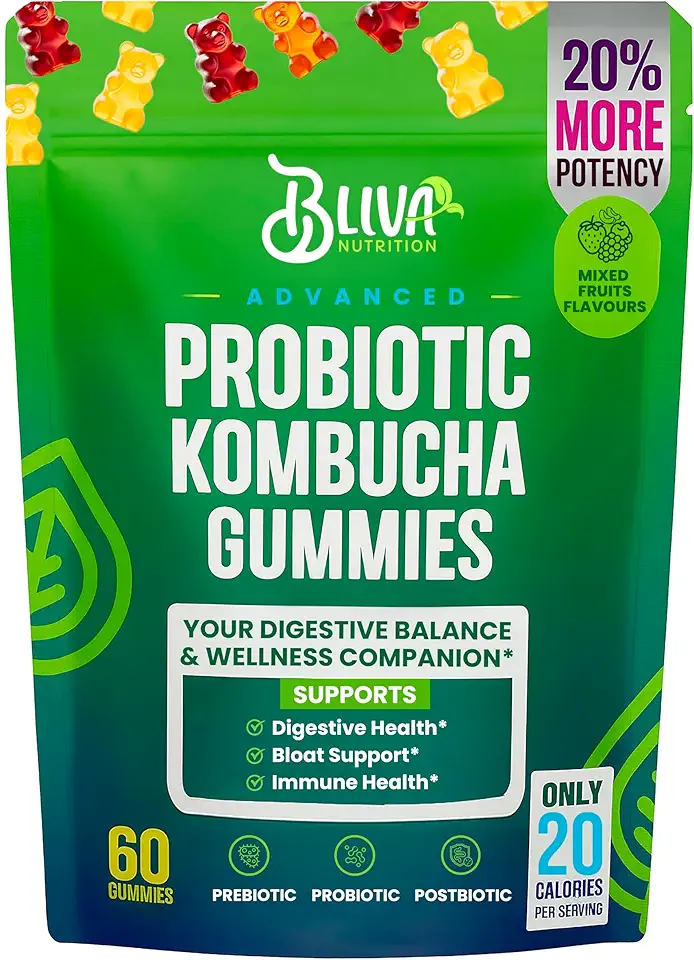 BLIVA Probiotic Kombucha Gummies - Prebiotics, Probiotics, Postbiotics, Slippery Elm Bark &amp; Fiber - Probiotics Gummy Supplement for Men &amp; Women - 60 Gummies