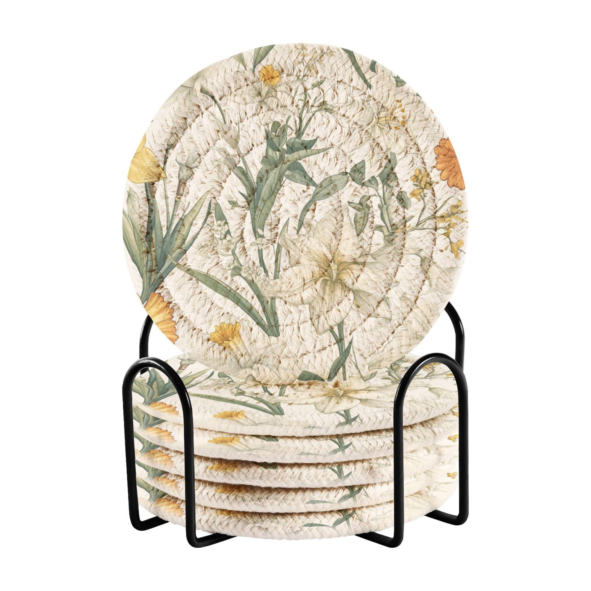 Flowers Daffodils Lily Amaryllis White Cotton Rope Absorbent Drink Coasters and Holder Set of 6 Table Coasters