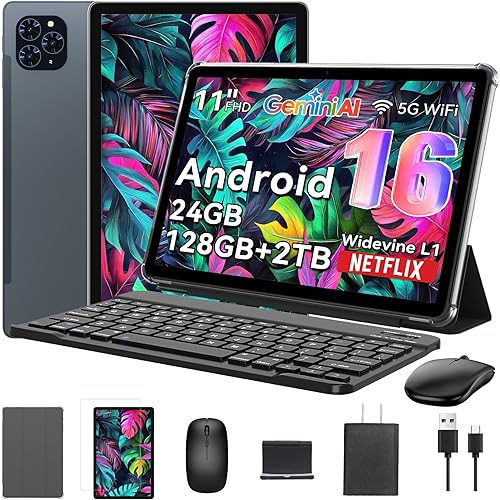 Tablet 2025 World's First Android 16 Tablet with Gemini AI, 11 Inch FHD Display, 24GB RAM 128GB ROM /2TB TF, T7250 CPU+13MP Camera, 8000mAh, Widevine L1, 2 in 1 Tablets with Keyboard Mouse Stylus