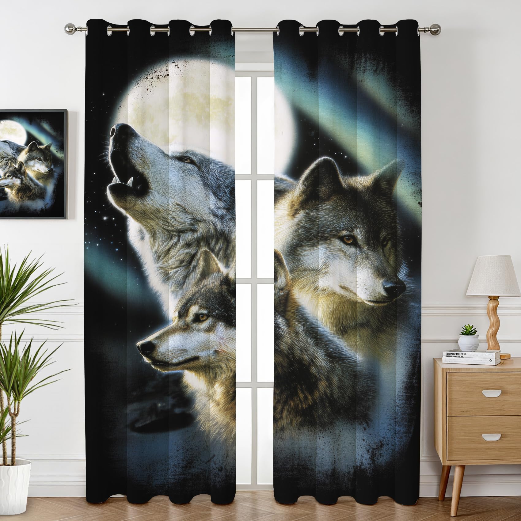 Havenix Howling Wolf Pack Blackout Curtains for Bedroom Living Room, Eyelet Curtains 90x108, Thermal Insulated Drapes for Windows, Full Moon Wolves Patterned Window Treatments, 2 Panels
