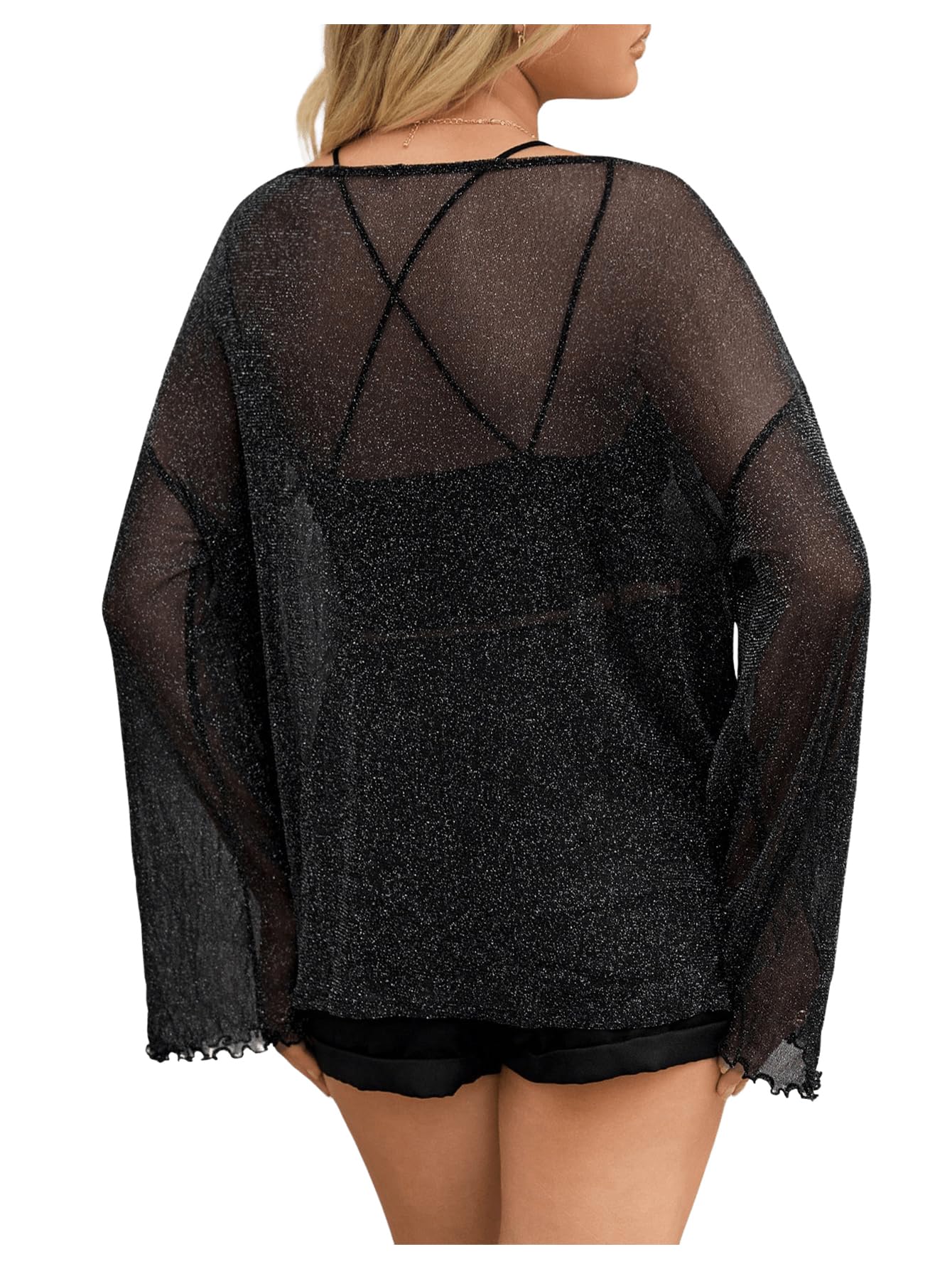 GORGLITTER Damen Mesh Oberteil Durchsichtiges Netzshirt Langarm Tops Y2K Glitzer Netzoberteil Party Festvial Outfit