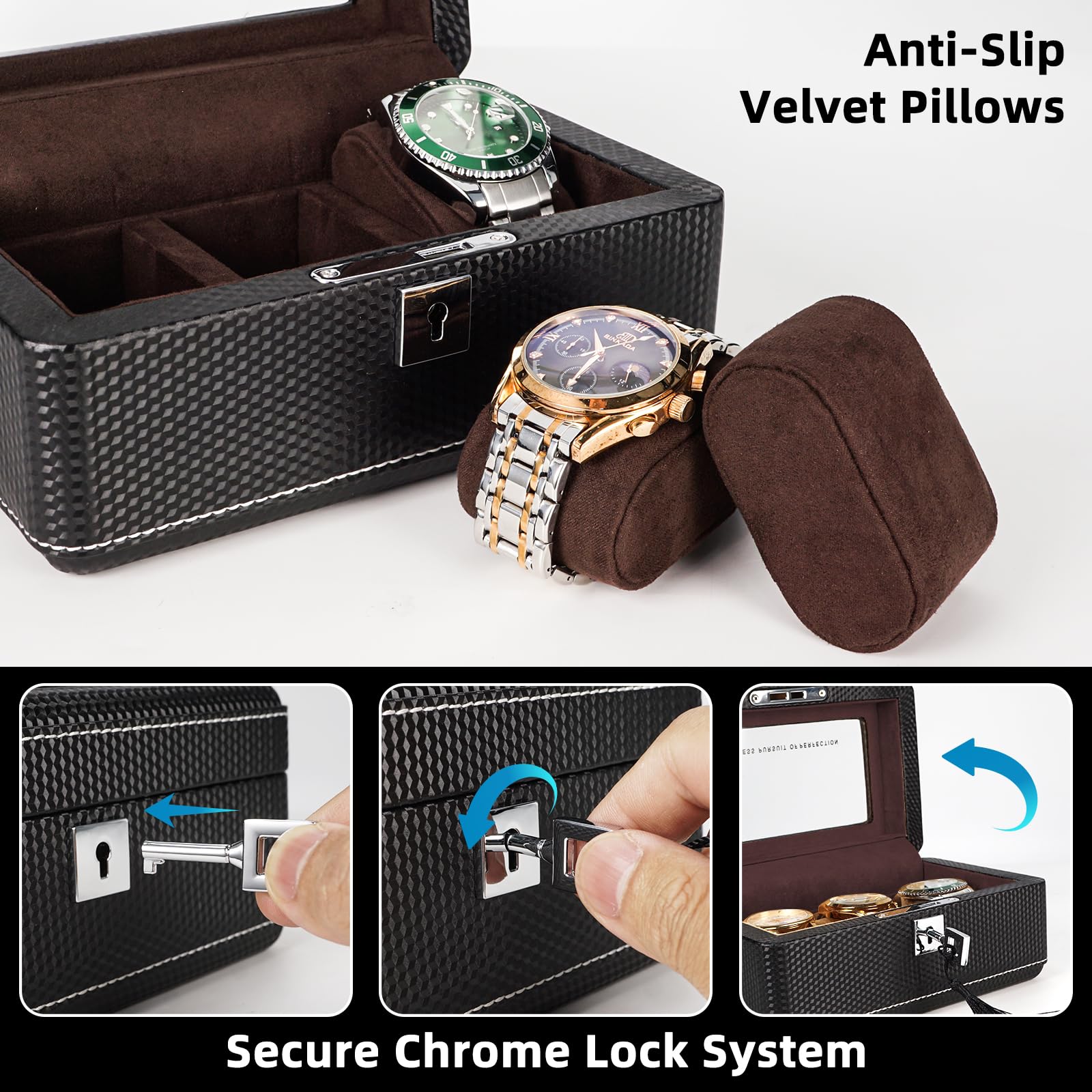 Scatola per orologi in pelle di alta qualità in fibra di carbonio per 3 orologi, con serratura, portatile, con vetrina, regalo ideale per collezionisti di orologi, viaggiatori, in velluto