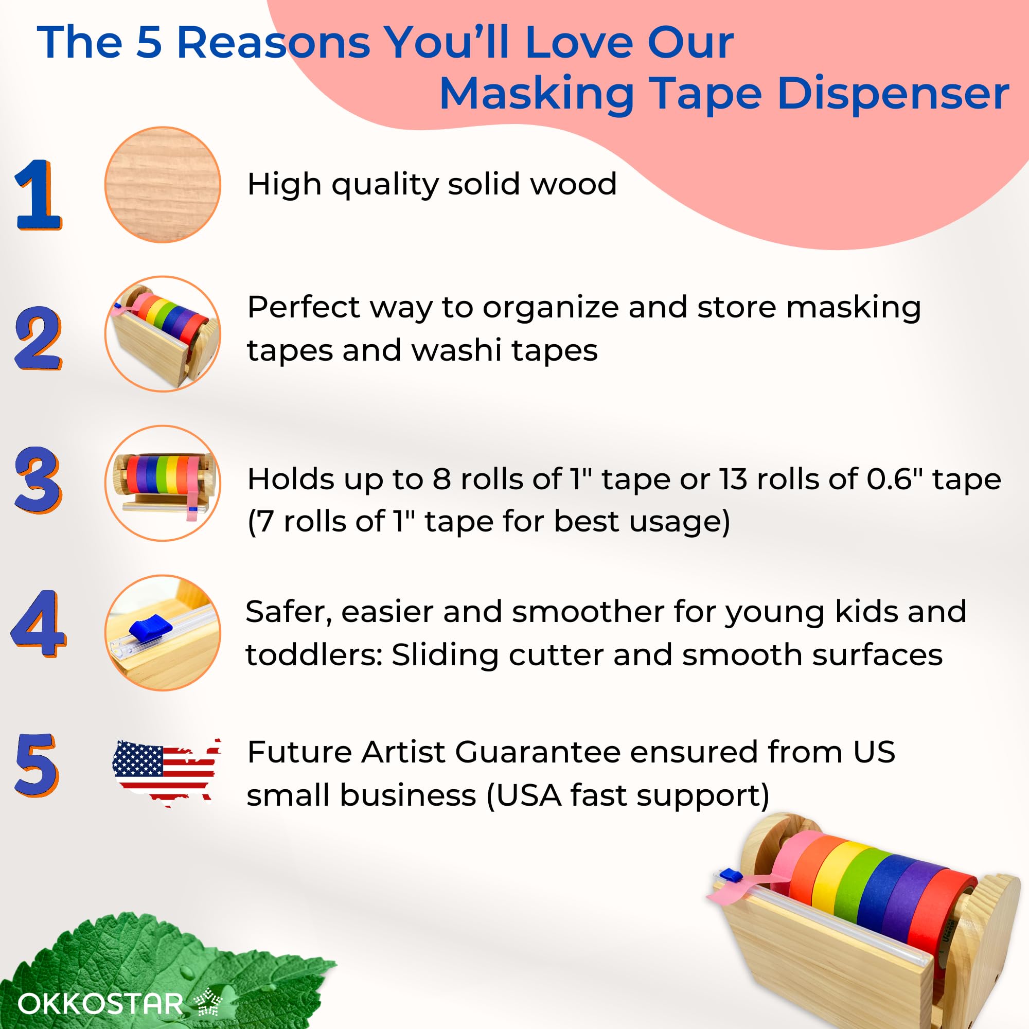 Wooden Kids Craft Tape Dispenser, Multi Roll Masking Tape Holder, Washi Tape Dispenser (Acrylic Serrated Cutter) - Perfect Craft Organizer for Children - [Masking Tape NOT Included]