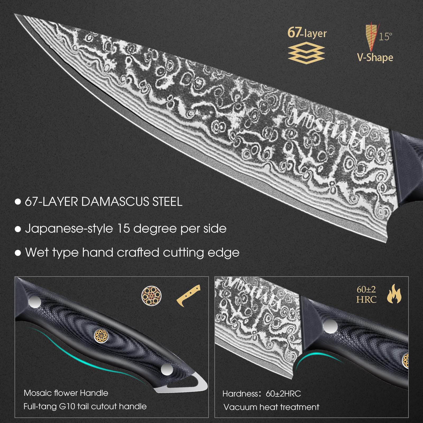 MOSFiATA Zestaw noży damasceńskich, nóż szefa kuchni 20 cm, nóż Santoku, 8 cali, nóż do owoców, stal damasceńska VG10, zestaw upominkowy z ochroną palców i ściereczką