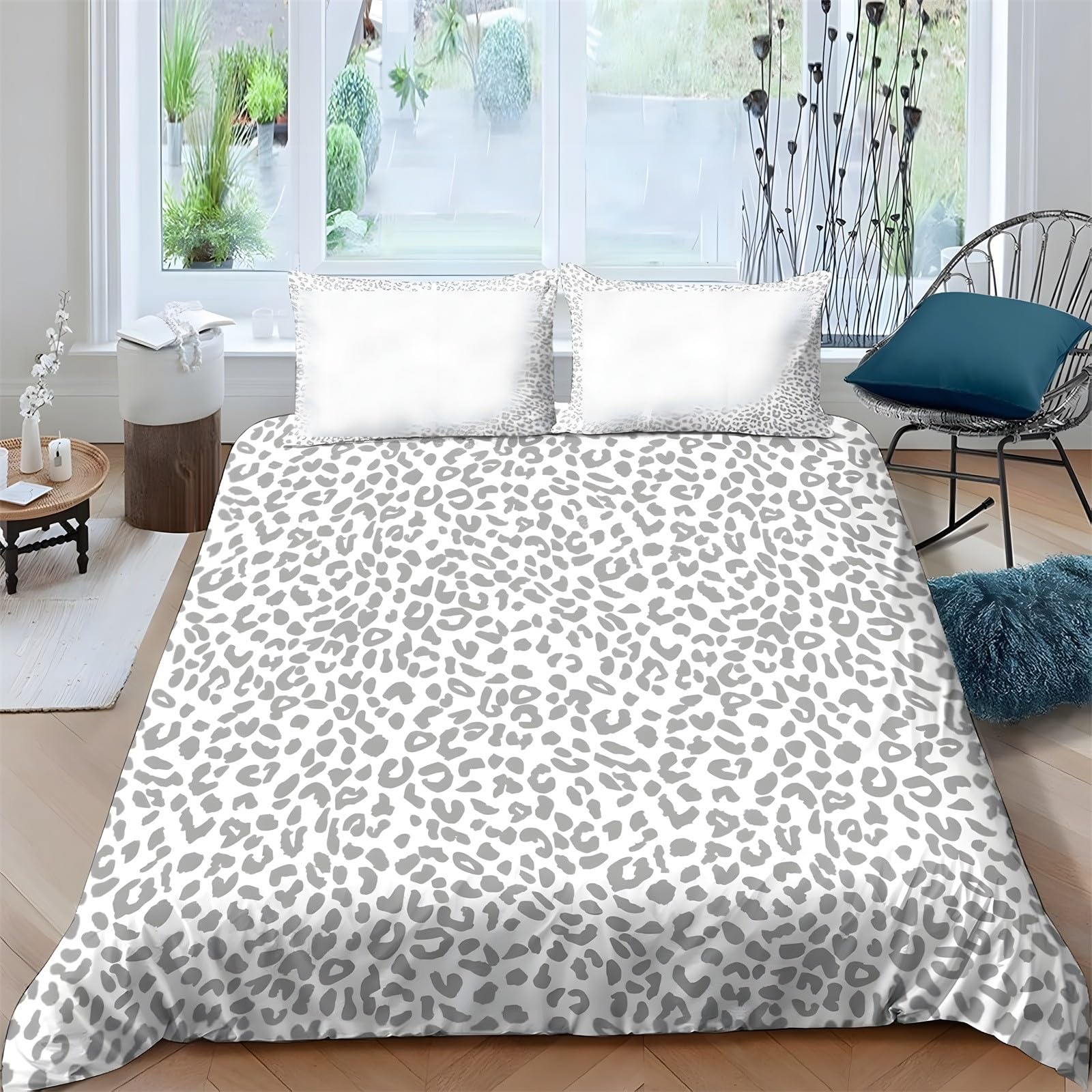Ypthriline Double Bedding Set Leopard Print Bedding Set Microfiber Gray Duvet Covers with Pillowcases Reversible Bedding With Zipper Closure 200x200CM