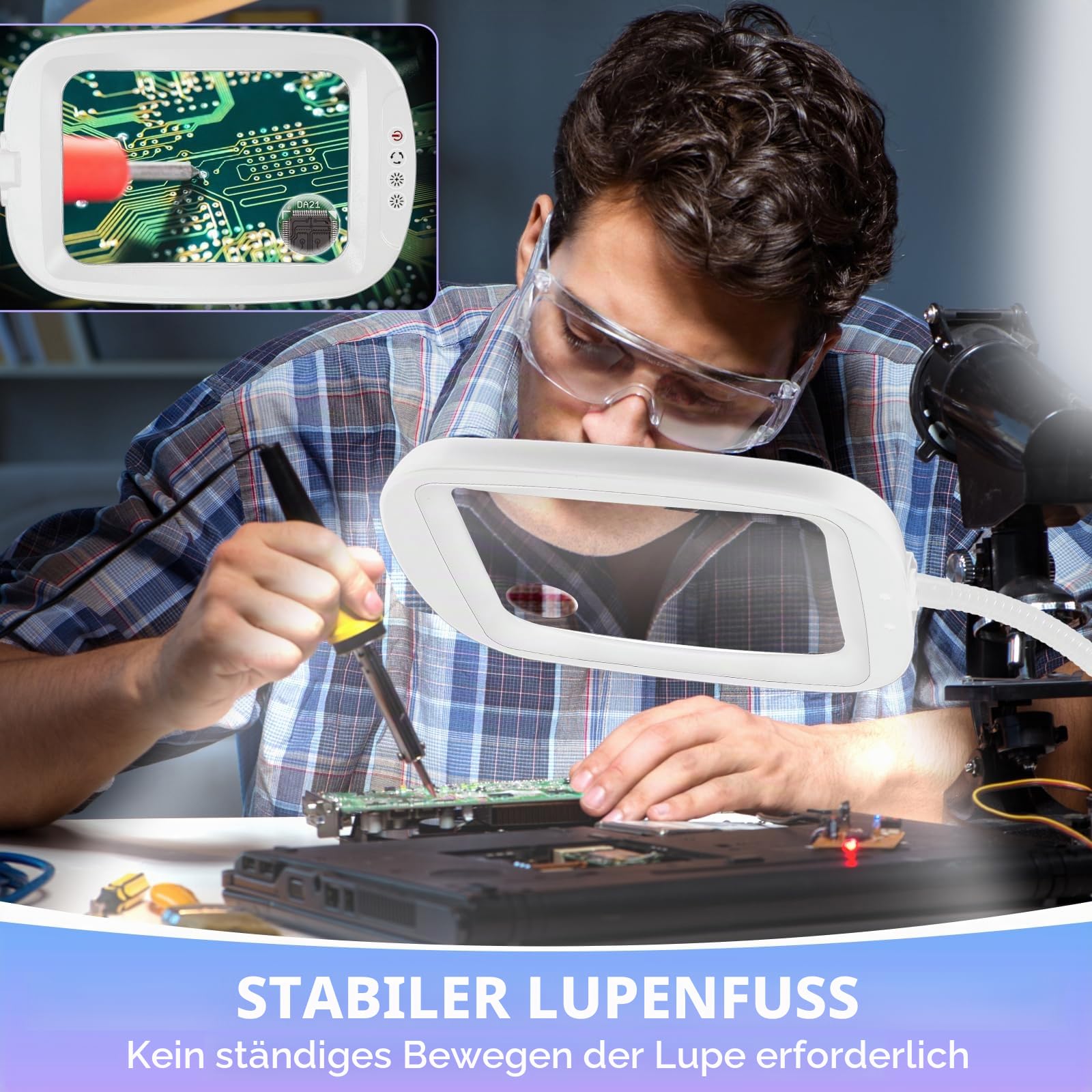 NZQXJXZ 10X Lupe mit Licht und Ständer, Flexible Schwenkarm Lupenleuchte mit 60 LED, 5 Farbmodus Dimmbare Helligkeit Leselupe mit Licht für Senioren, Lesen, Nähen, Handwerk, Feinarbeit,Weiß