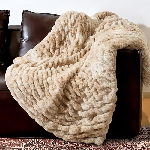 blunique Faux Rabbit Fur Throw Blanket, Ultra Soft Plush Cozy Blanket for Couch Bed, Thick Fluffy Ruched Tie-Dye Decorative Blanket, Giftable,50"x60",Tie-Dye Khaki
