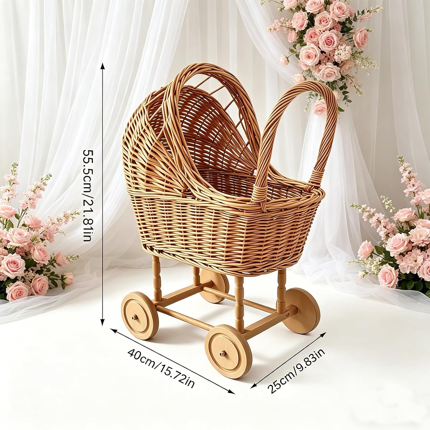 Retro Rattan Baby Carriage-Style Flower Basket with Wheels | Woven Rattan Stroller Shaped Flower Basket,Natural Willow Branches,for Wedding Party Flower Decorations Gifts for New Parents