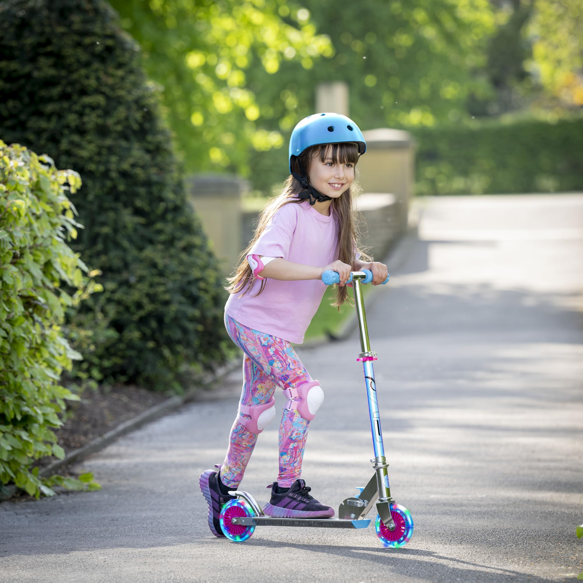 Evo Patinete holográfico en línea de 2 ruedas, color rosa y azul