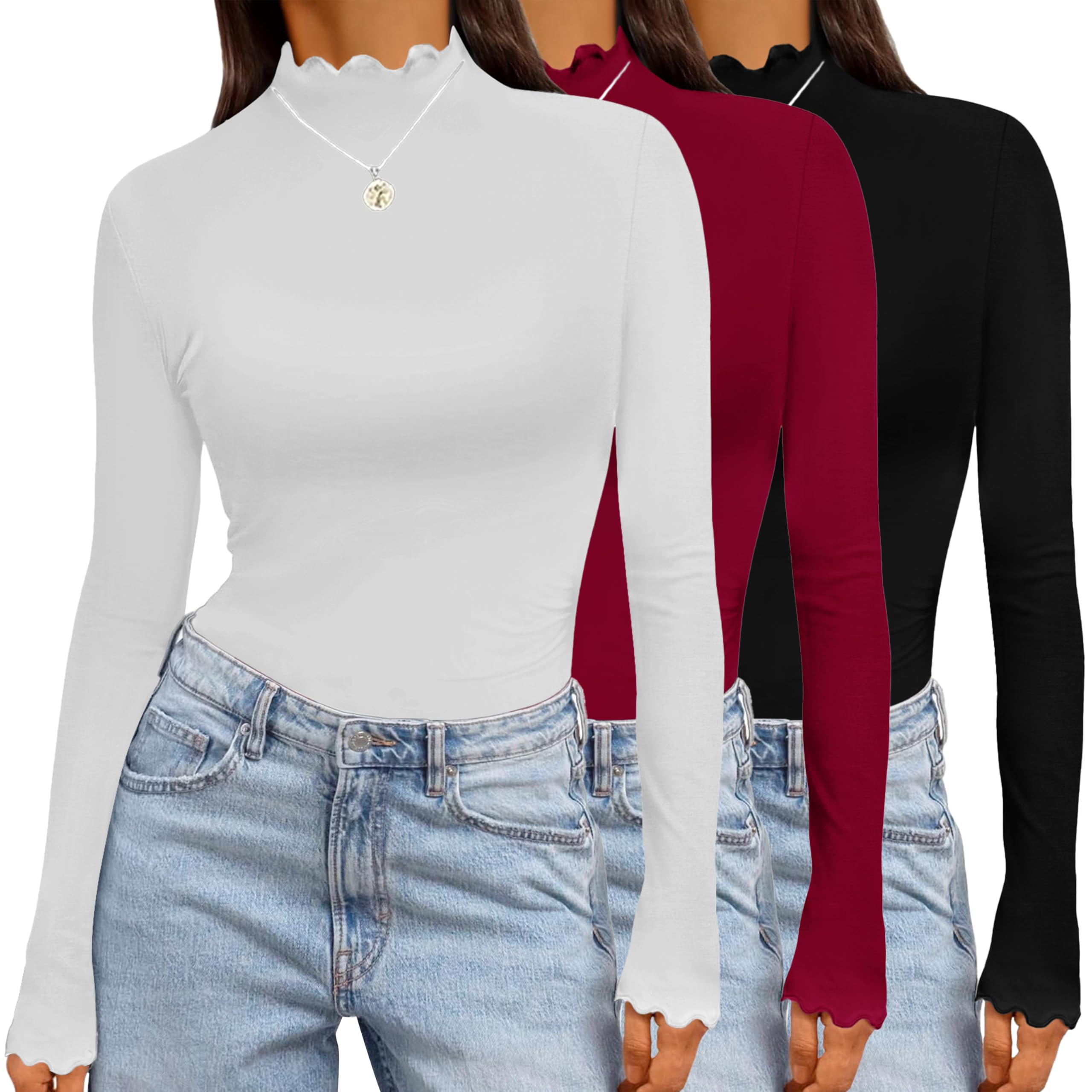 Ekouaer 3 Pack Langarmshirt Damen Unterziehshirt Langarm Stehkragen Basic Tops Slim Fit Oberteil Warm Shirt Winter